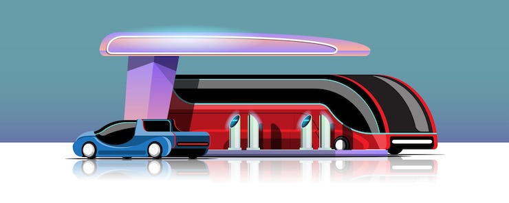 Free Vector electric bus and automobile is charging in garage power station