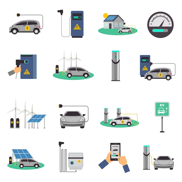Бесплатное векторное изображение Набор электромобилей зарядки плоских иконок