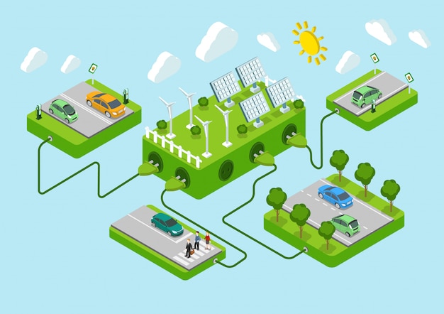 Electric cars flat 3d web isometric alternative eco green energy lifestyle infographic concept vector. road platforms, sun battery, wind turbine, power cords. ecology power consumption collection.