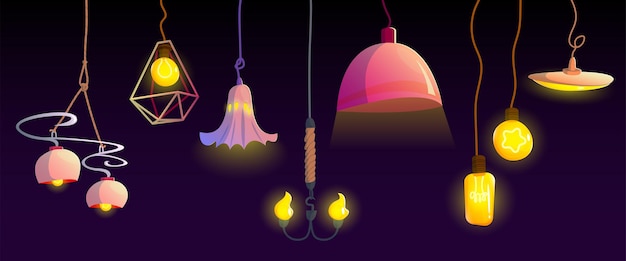 Free vector electric ceiling lamps and light bulbs hanging on wire. modern and retro style light equipment for home and office interior. vector set of chandeliers and pendant lanterns with lampshades