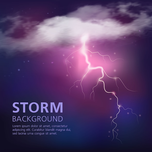 紫の青い色のベクトル図の半分透明な雲からの雷と空の放電