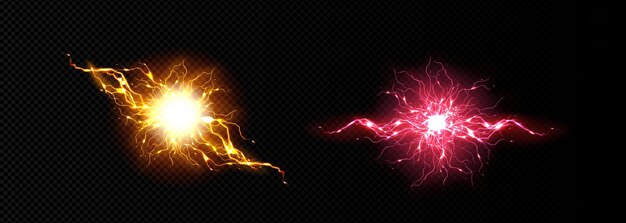 電気稲妻ボール エネルギー バースト効果ライト ボルト透明な背景ベクトル現実的なセットに分離されたフラッシュと輝きを持つ抽象的なパワー爆発