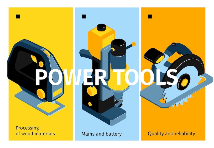 Free Vector electric machine and tools vertical banners promoting quality and reliabity in processing with wood materials isometric vector illustration