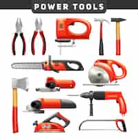 Free vector electric and mechanical power carpenter worker tools flat pictograms set in red and black