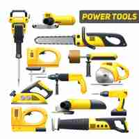 Free vector electric power construction worker tools flat pictograms set in black and yellow