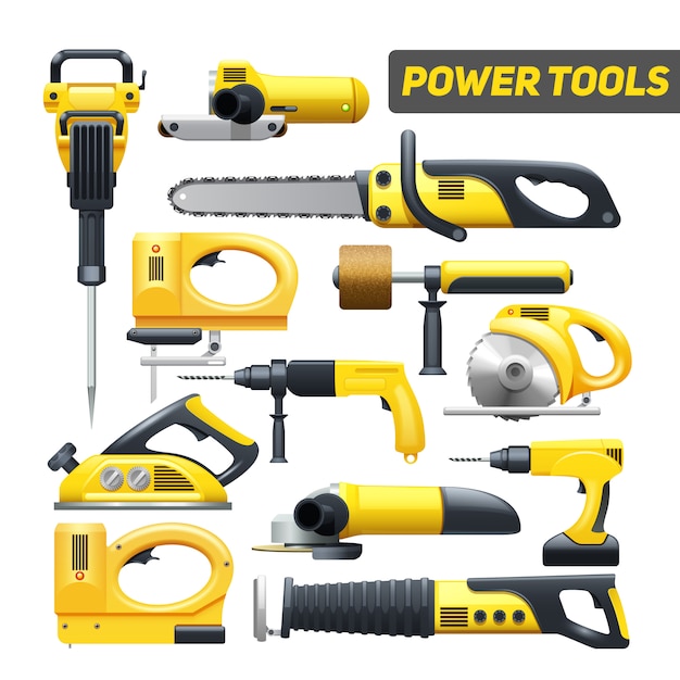 Electric power construction worker tools flat pictograms set in black and yellow