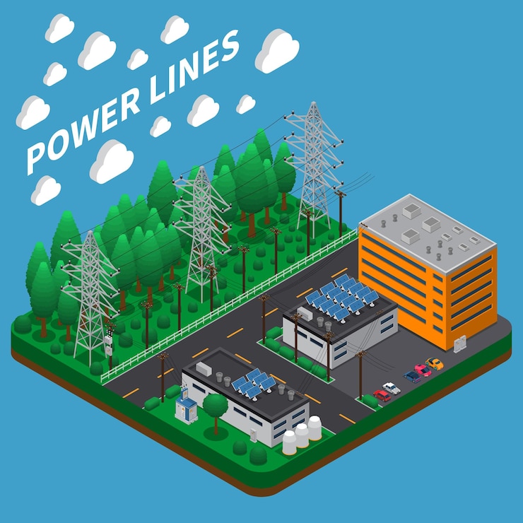 Free Vector electric power transmission isometric composition with overhead high voltage line on big tall metal towers