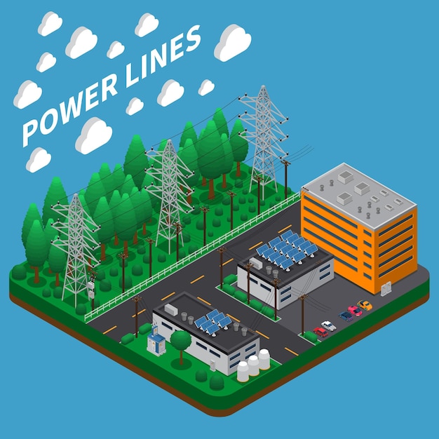 無料ベクター 大きい背の高い金属塔に架空の高電圧線がある送電等尺性構成