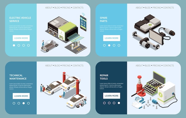 Pagine di destinazione isometriche del servizio di veicoli elettrici impostate con informazioni sull'illustrazione tecnica del vettore di manutenzione degli strumenti di riparazione dei pezzi di ricambio