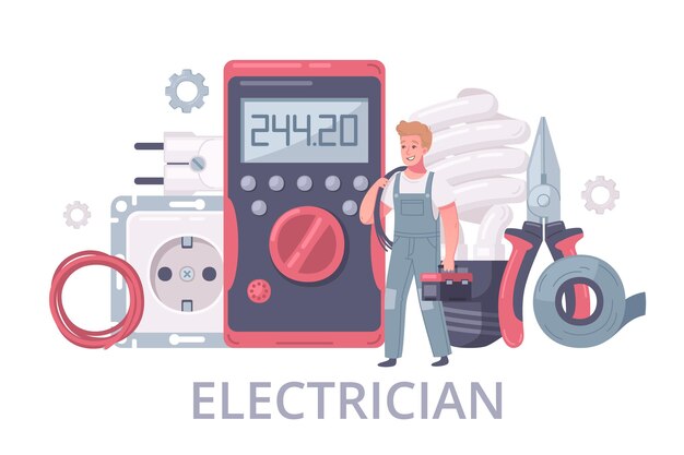 Electrician cartoon composition with male human character of handyman in uniform with tools and editable text illustration