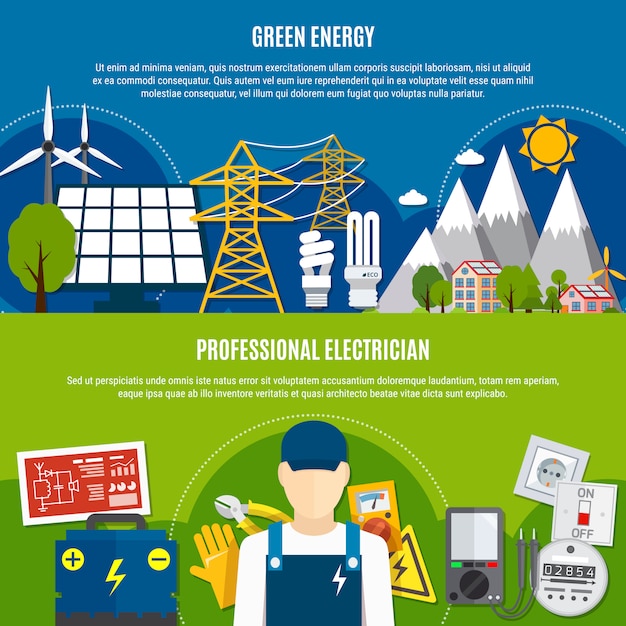 Free vector electrician and clean energy flat banners