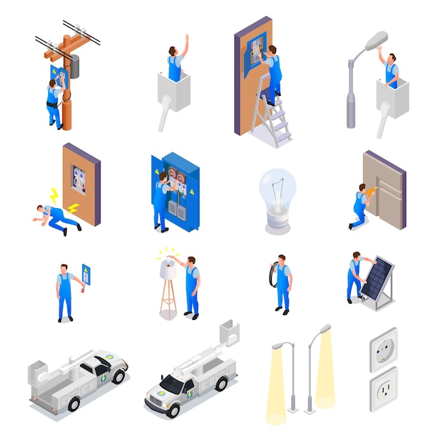 Electrician isometric set of technicians working with street lighting devices solar panels testing electrical equipment  isolated vector illustration