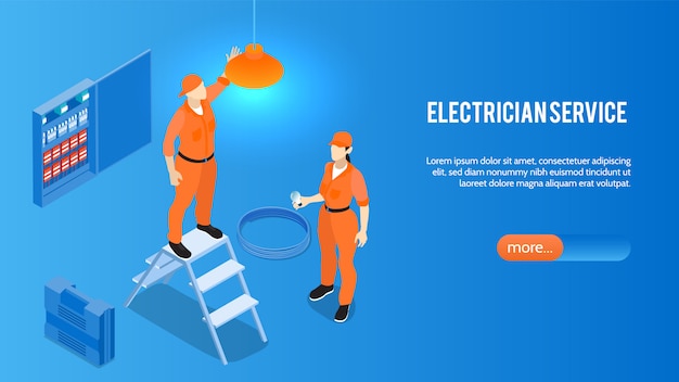 Electrician service online isometric website home page banner with home electric appliances installation repair maintenance