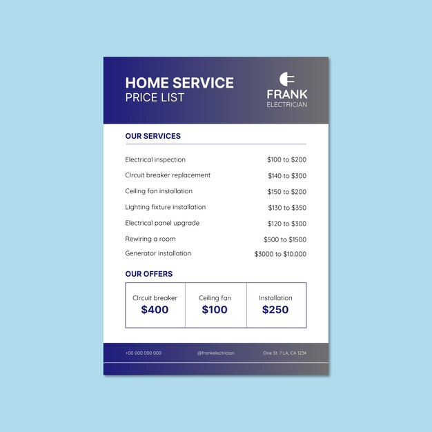 Electrician  service price list template design
