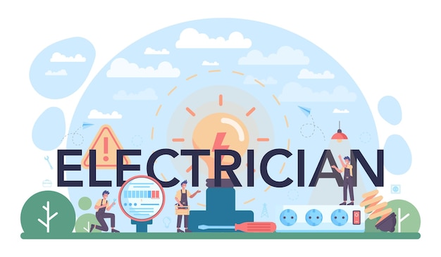 Electrician typographic header Electricity works service worker in the uniform repair electrical element Technician repair meter installation and energy saving Flat vector illustration