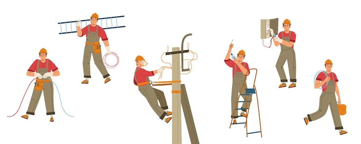 Free Vector electrician worker with tools ladder and wires