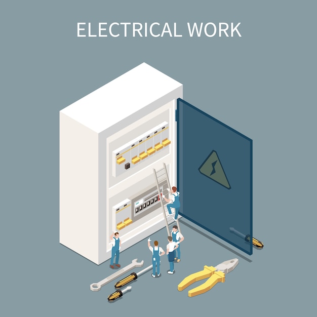 Vettore gratuito composizione isometrica di elettricità con immagini concettuali di centralino di distribuzione elettrica e piccoli personaggi di lavoratori