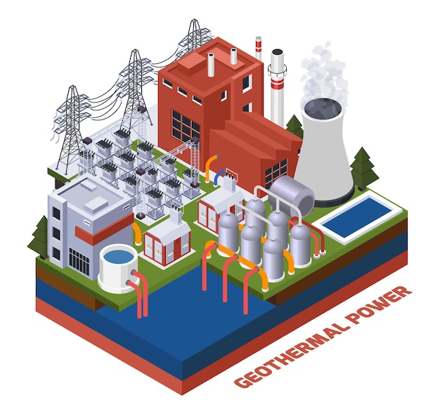 Electricity isometric composition with geothermal power station 3d