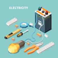 Free vector electricity isometric composition with images of electric equipment and tools with accumulator battery connected to lamp