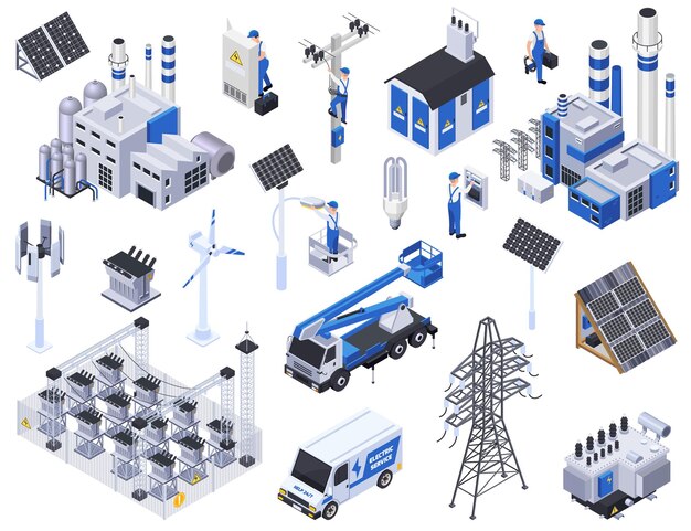 ソーラーパネル発電所高電圧線で設定された電気等尺性アイコン白い背景で隔離3dベクトルイラスト