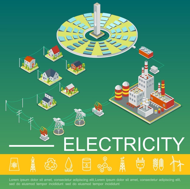 無料ベクター ソーラーパネルを使用した発電および配電テンプレートエネルギー発電工場の送電線は等尺性スタイルの図で家