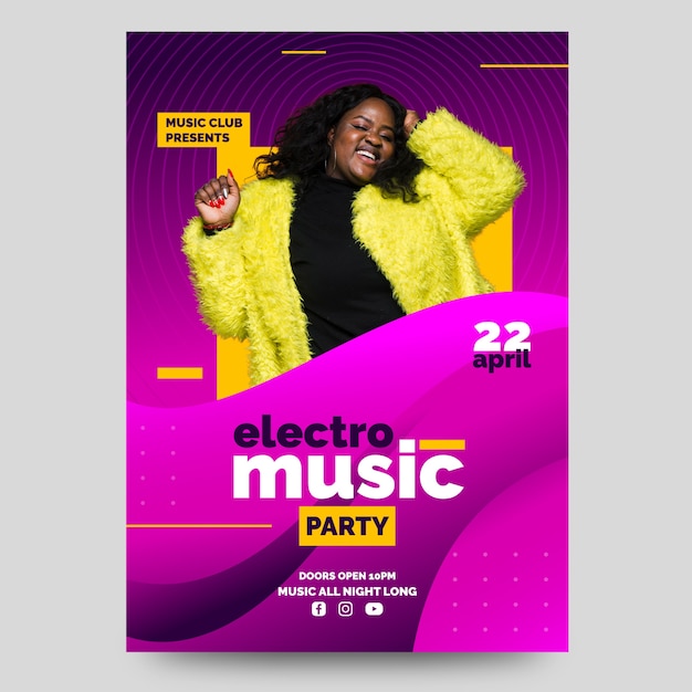 Free vector electro music party poster with photo