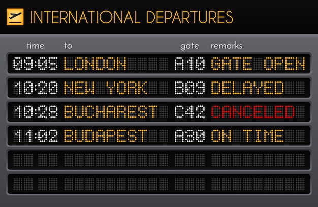 Free vector electronic airport board realistic composition with international departures times gates and remarks descriptions illustration