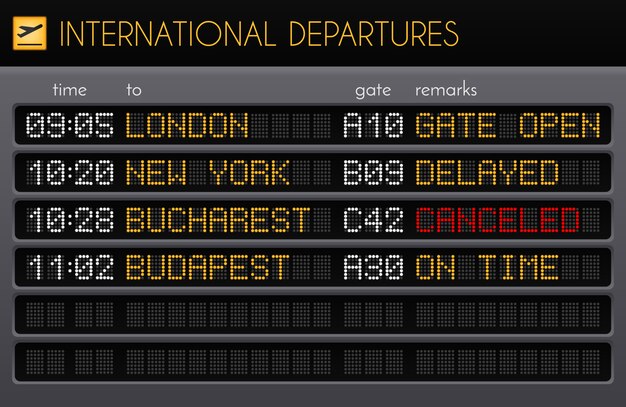 Electronic airport board realistic composition with international departures times gates and remarks descriptions illustration