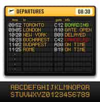 Free vector electronic airport board realistic composition with yellow alphabets on board and departures info illustration