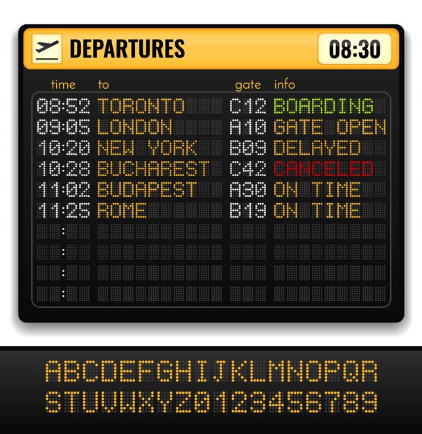 Electronic airport board realistic composition with yellow alphabets on board and departures info illustration