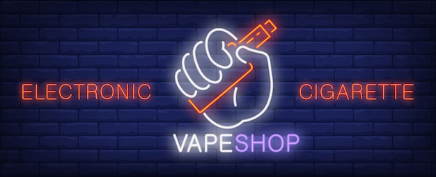 Free vector electronic cigarette neon sign. hand holding vape device.