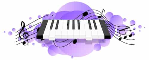 Free vector electronic keyboard or electronic musical instrument with melody symbols on purple splotch