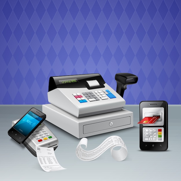 Electronic payment by nfc technology on smart phone realistic composition with cash register violet
