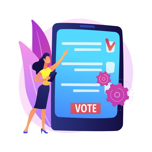 電子投票の抽象的な概念図。電子選挙、オンライン投票、電子投票システム、政府のデジタルテクノロジー、インターネット投票、キャンペーンWebサイト。
