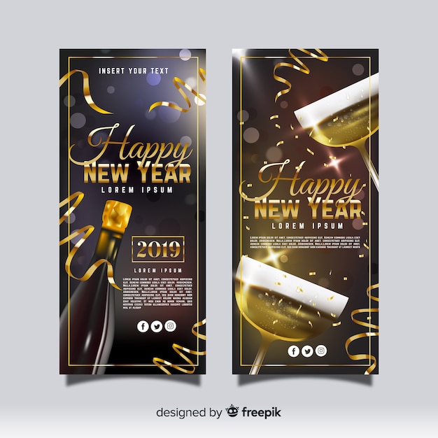 Vettore gratuito eleganti banner per la festa di fine anno 2019 con un design realistico