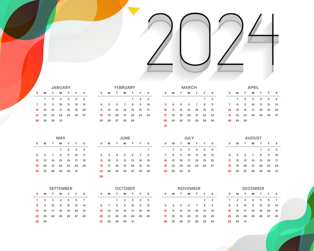 Vettore gratuito modello di calendario inglese elegante per il 2024 un design stampabile