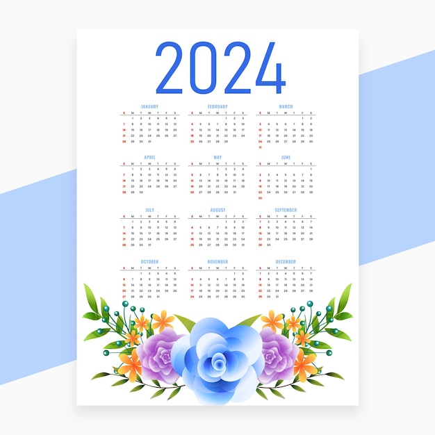 Free vector elegant 2024 new year english calendar layout with floral decoration vector