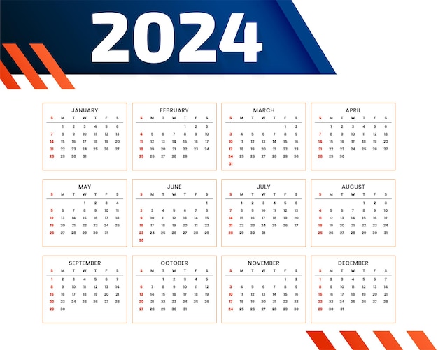 Elegant 2024 new year english calendar template schedule business task