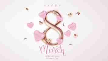 Free vector elegant 8 march banner with golden 3d number and pink hearts vector illustration