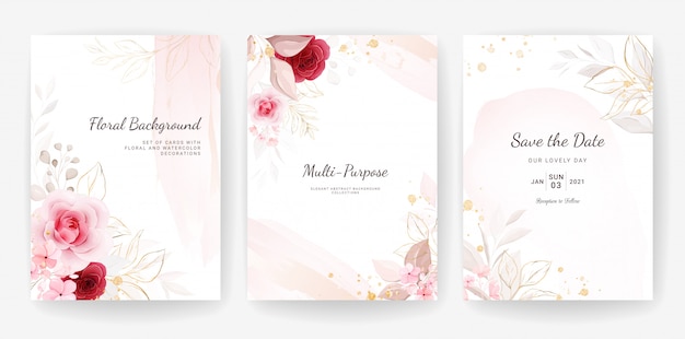 Elegant abstract  . wedding invitation card template set with floral and gold watercolor decoration