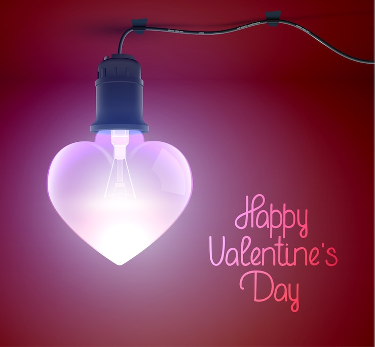 Free Vector elegant amourous greeting poster with calligraphic inscription and realistic hanging glowing bulb in heart shape vector illustration