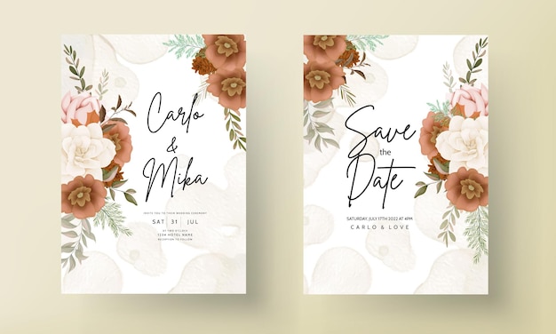 Elegant autumn floral wedding invitation card with rose and pine flower