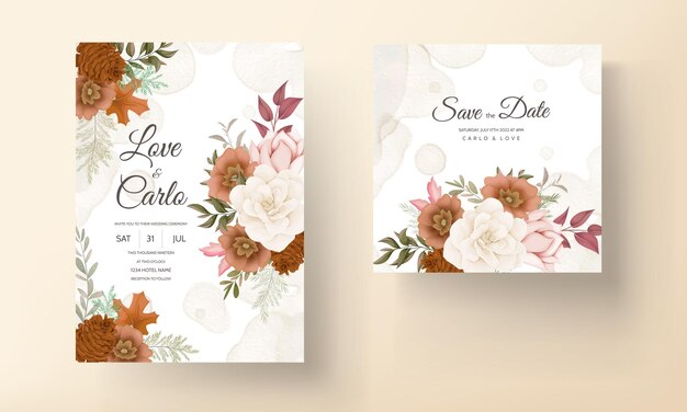 Элегантный осенний цветочный свадебный пригласительный билет с розой и цветком сосны