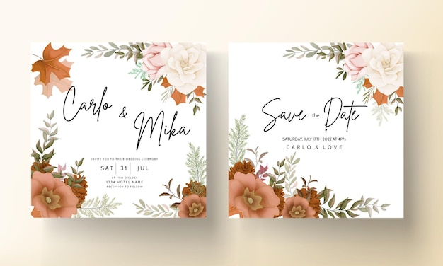 バラと松の花とエレガントな秋の花の結婚式の招待カード