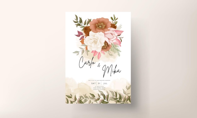 Free vector elegant autumn floral wedding invitation card with rose and pine flower