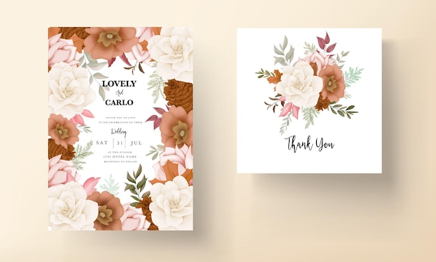 Elegante biglietto d'invito per matrimonio floreale autunnale con rosa e fiore di pino