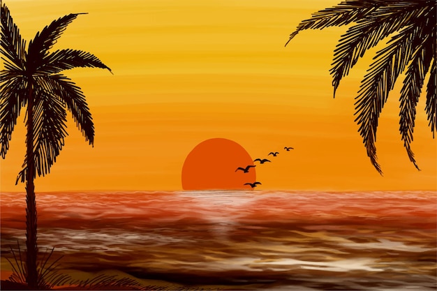 Free vector elegant beautiful sunset scene background with palm tree