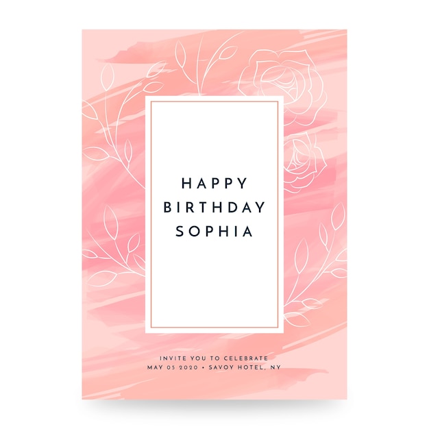 Elegant birthday card in pink tones with leaves