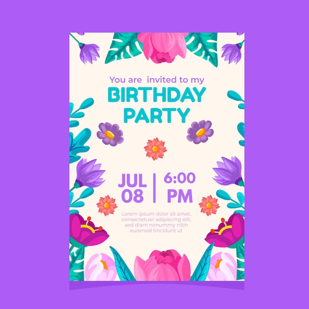 Free vector elegant birthday party invitation with flowers