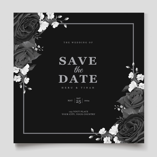 エレガントな黒花の結婚式の招待カードテンプレート